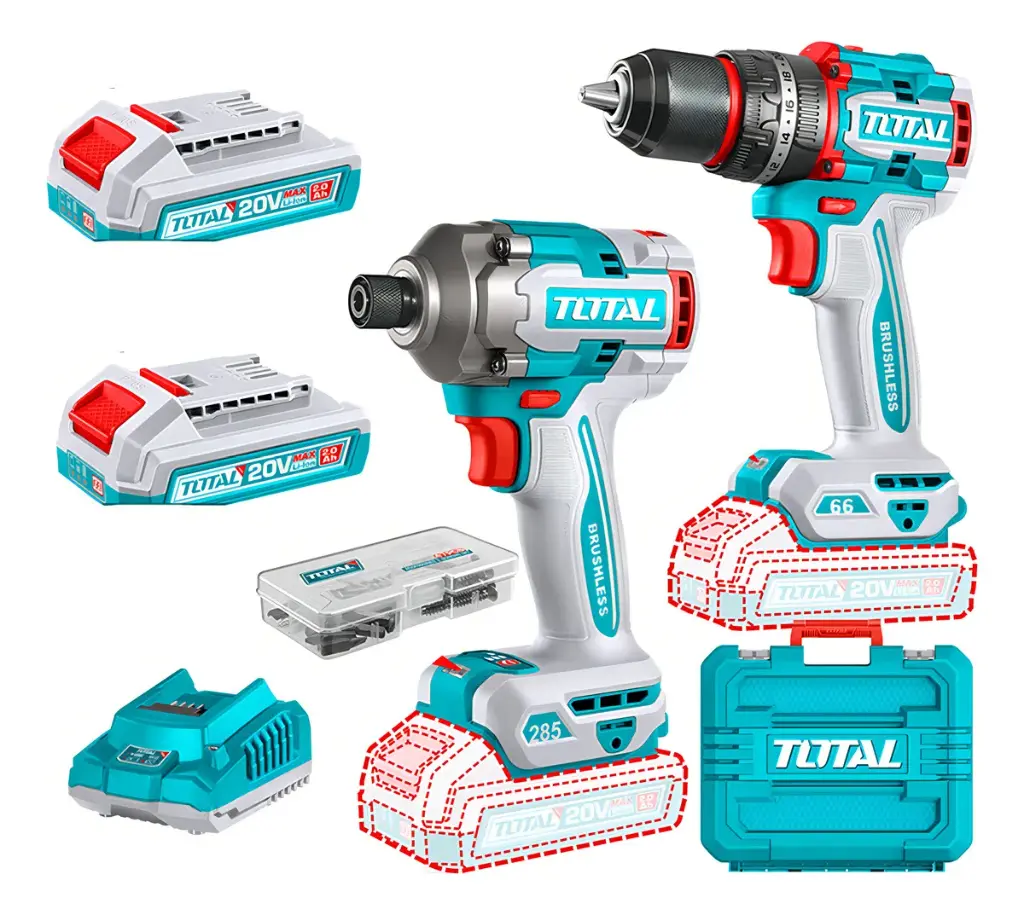TOTAL - Kit Atornillador De Impacto+ Taladro 20v 2bat+ Carg