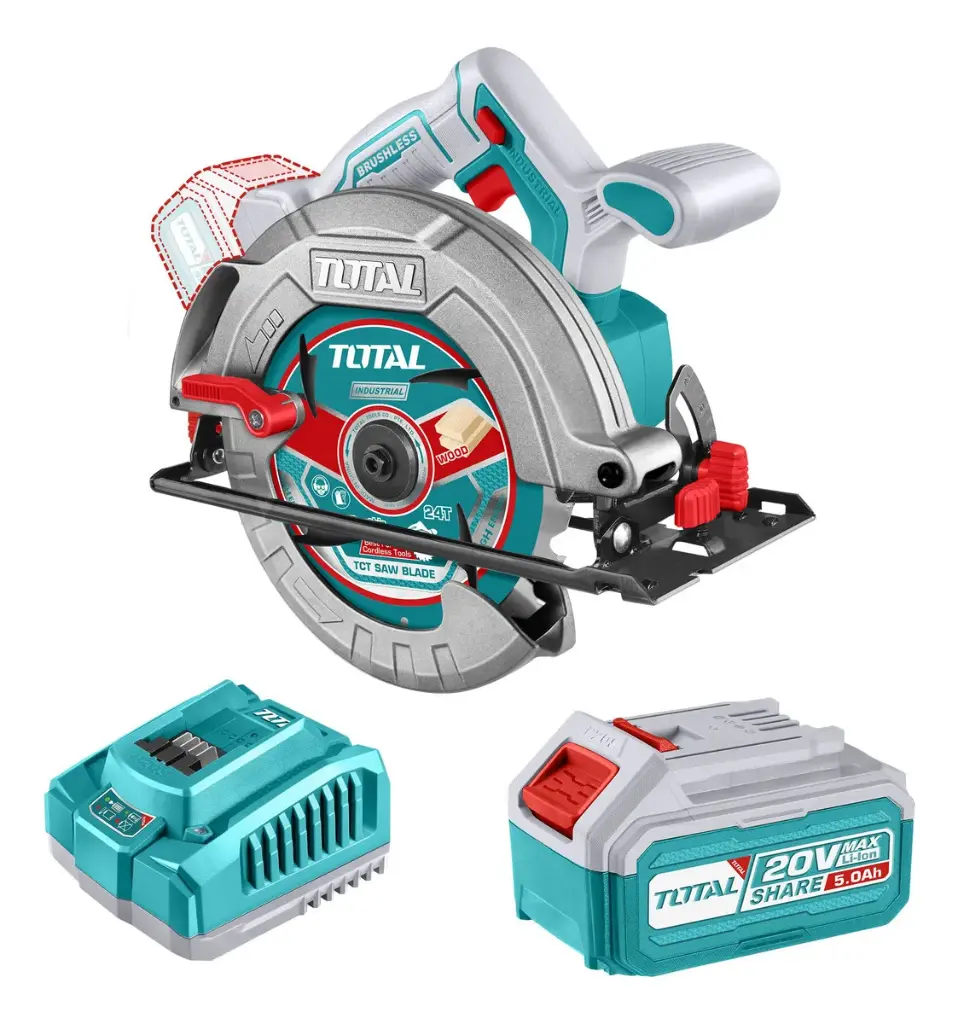 TOTAL - Sierra Circular Inalámbrica20v -  Motor Brushless, Sin Carbones - 7.1/4 ", 185mm - 4.800rpm + 1 Batería 5.0ah Litio-ion, Cargador 4a Y Disco