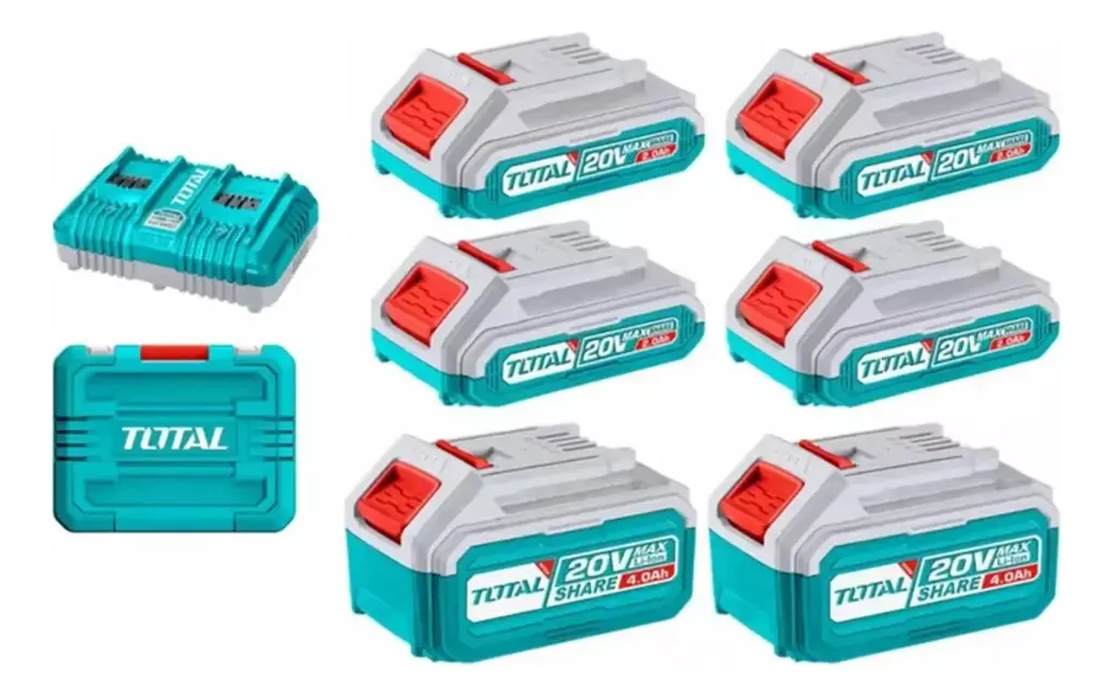 TOTAL - Cargador Doble + 6 Baterias 20v 