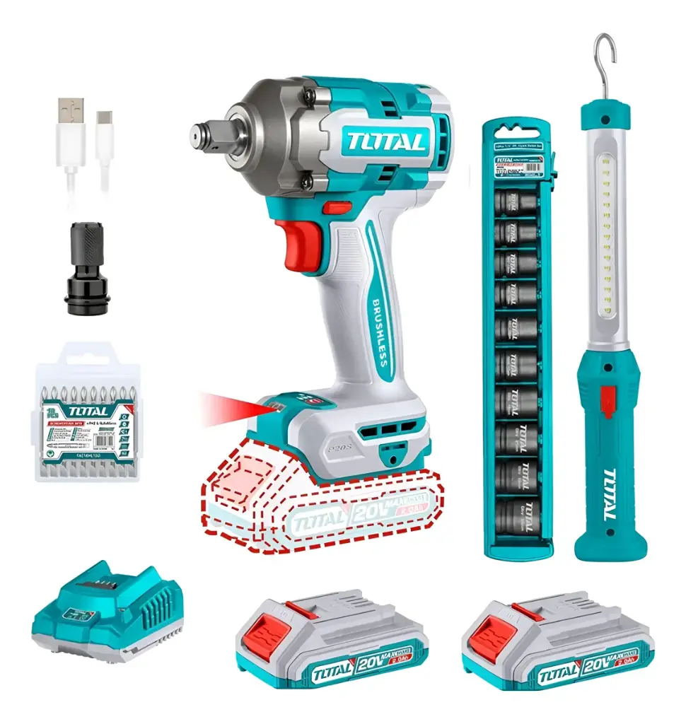 TOTAL - Kit Llave De Impacto 20v + Dados Y Puntas+ Lampara Led T20v 50/60hz