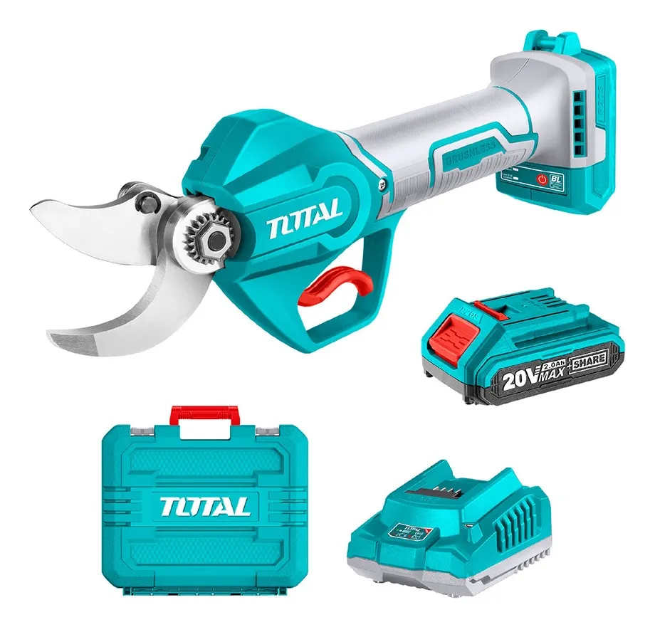 TOTAL -Tijera de poda inalámbrica Total 20v motor brushless sin carbones capacidad de corte 3cm con 1 batería 2.0ah litio-ion cargador y maletín plástico 