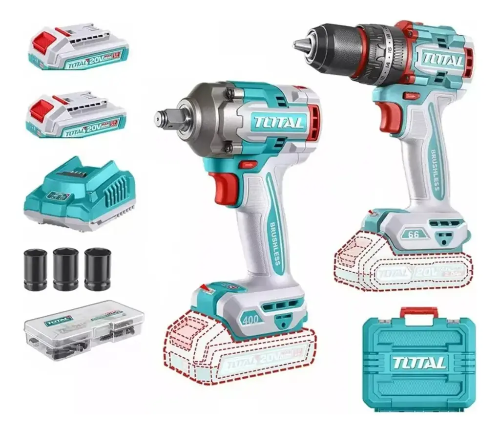 TOTAL -Kit Taladro Percutor 66Nm + Llave Impacto 400Nm 20V + Acc